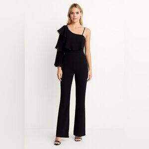 NWT Mac Duggal Long Sleeve One-Shoulder Ruffle Flare Jumpsuit Black 2 #7985
